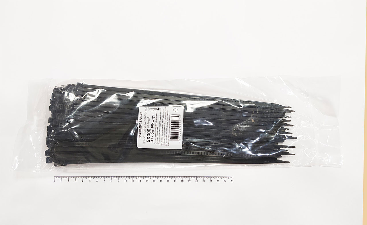 Кабельная стяжка чёрная 5х300 мм пластиковая (100 шт)